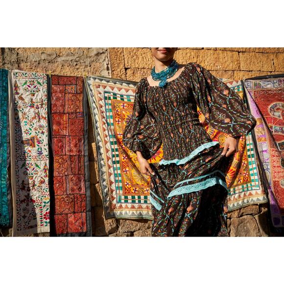 New Verandah Smocked Tiered Maxi Dress SQUARE-NECK $595 SMALL (4) Brown Motif - Picture 2 of 10